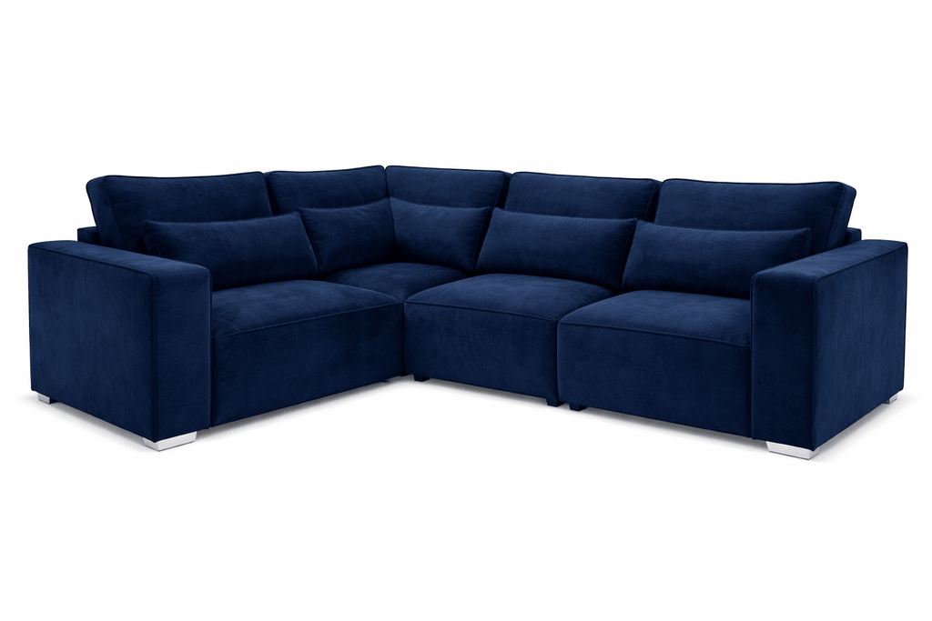 Modern navy blue 4-piece modular corner sofa with plush cushions and low metal legs