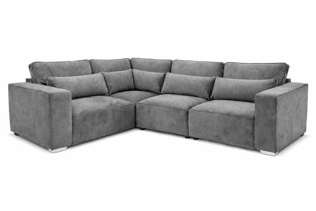 Grey 4-piece modular corner sofa with plush cushions and wide armrests, modern living room seating.