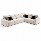 Large beige modular corner sofa with black accent cushions on white background