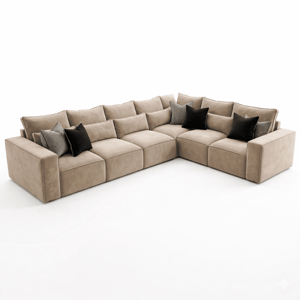 Latte beige modular corner sofa with black and striped cushions on white background