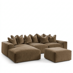 Large left hand facing mink velvet modular sofa with matching ottoman and pillow back