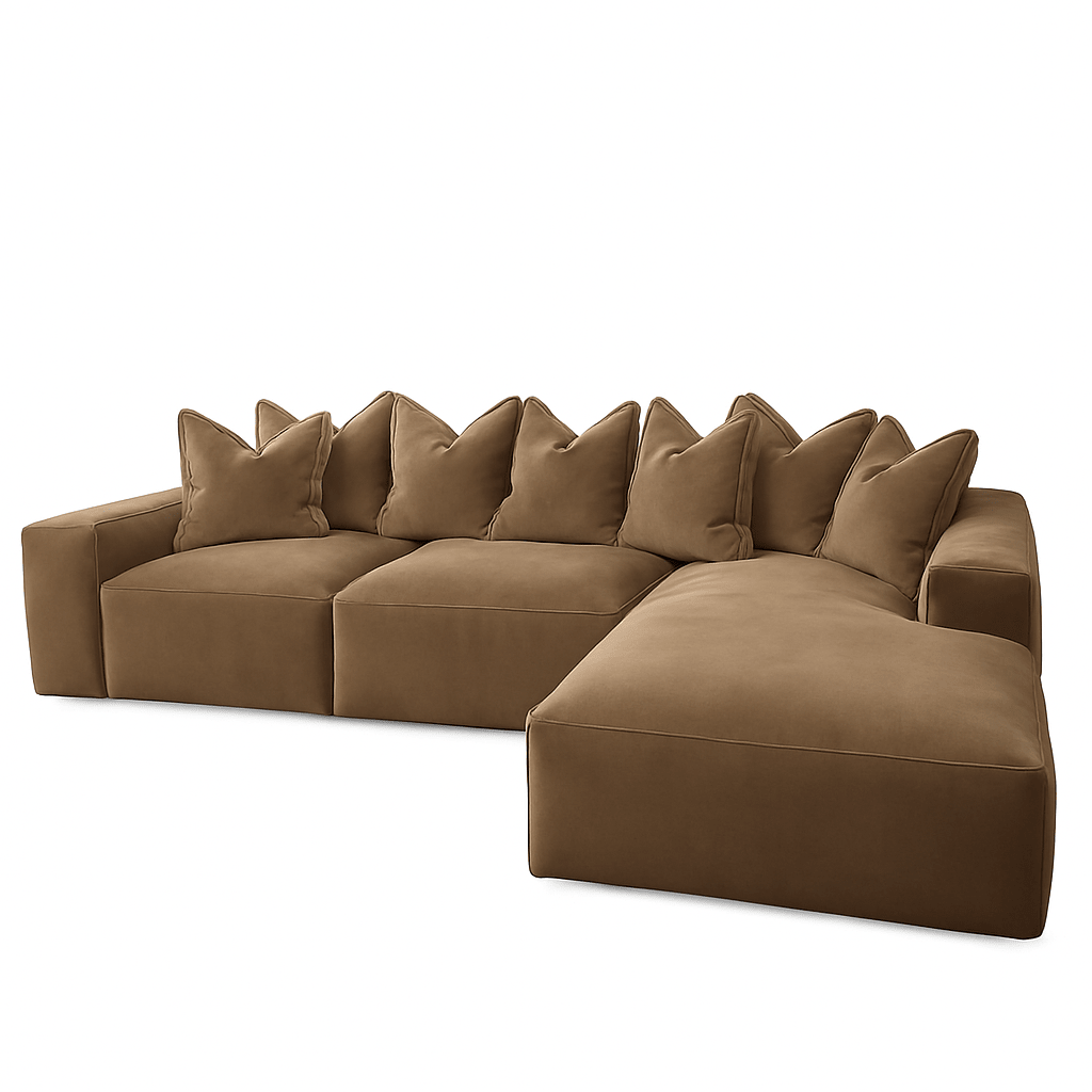 Large left-hand facing mink velvet corner sofa with pillow back and plush seating