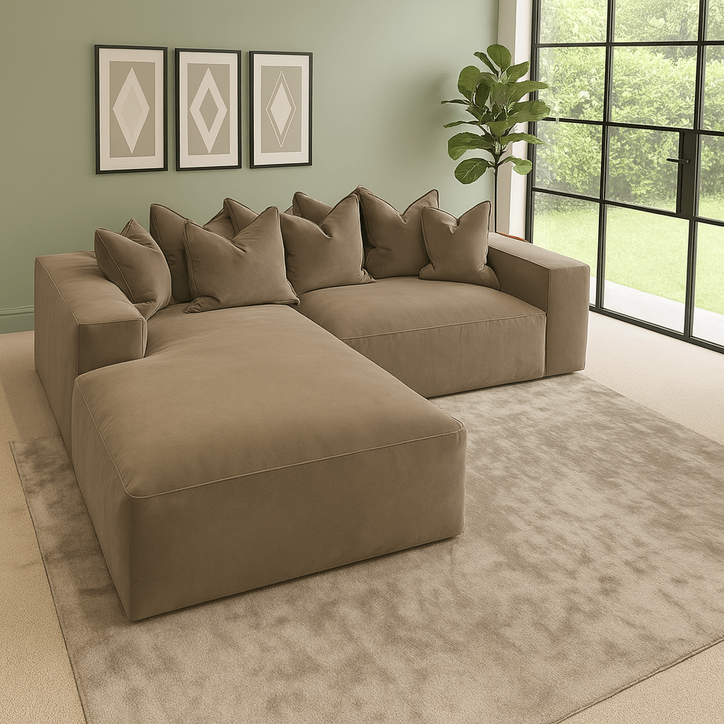 Large velour mink velvet left-hand facing sofa with pillow back in modern living room