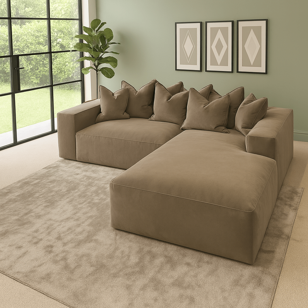 Large velour mink velvet left-hand facing corner sofa with pillow back in modern living room