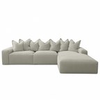 Large left-hand facing silver velvet sectional sofa with pillow back and modern design