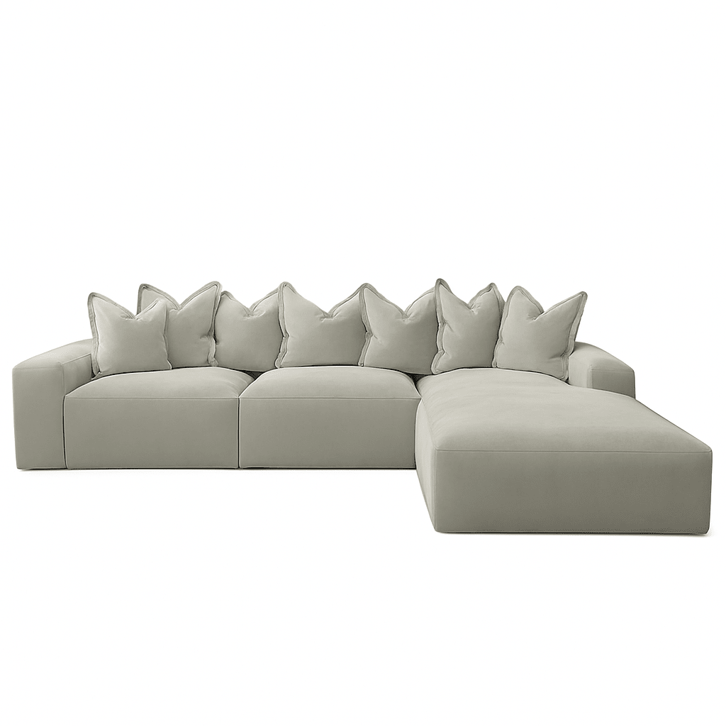 Large left-hand facing silver velvet sectional sofa with pillow back and modern design