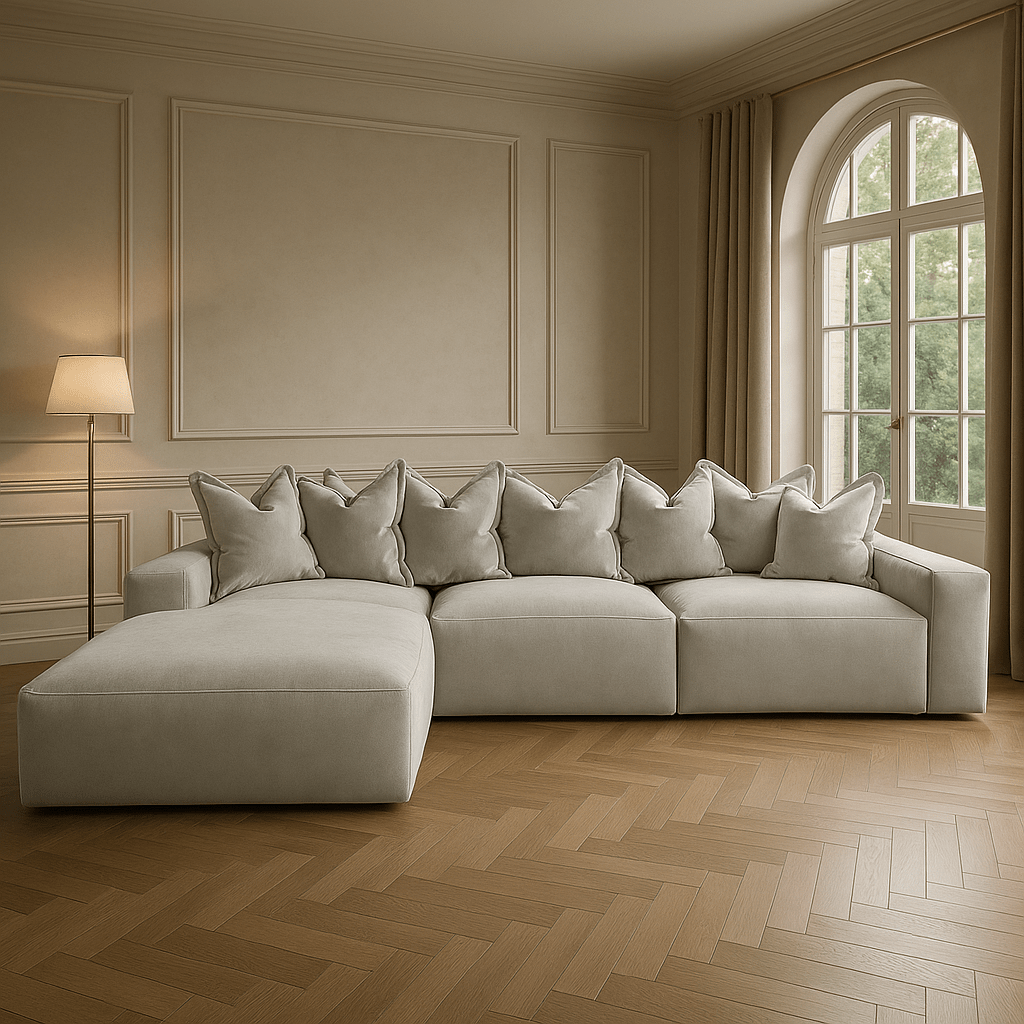 Large light grey velvet left hand facing sectional sofa with pillow back in elegant living room