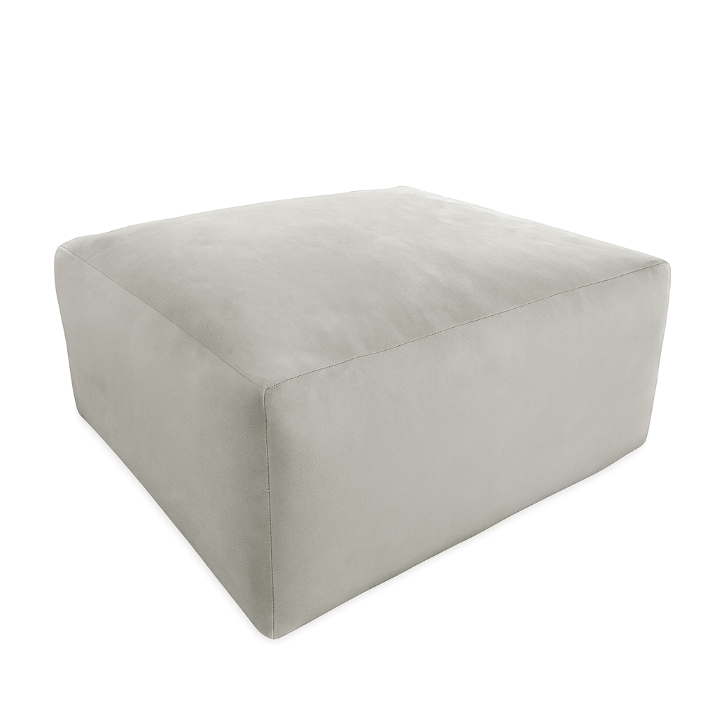 Large square silver velvet pouffe ottoman with smooth velour fabric on white background