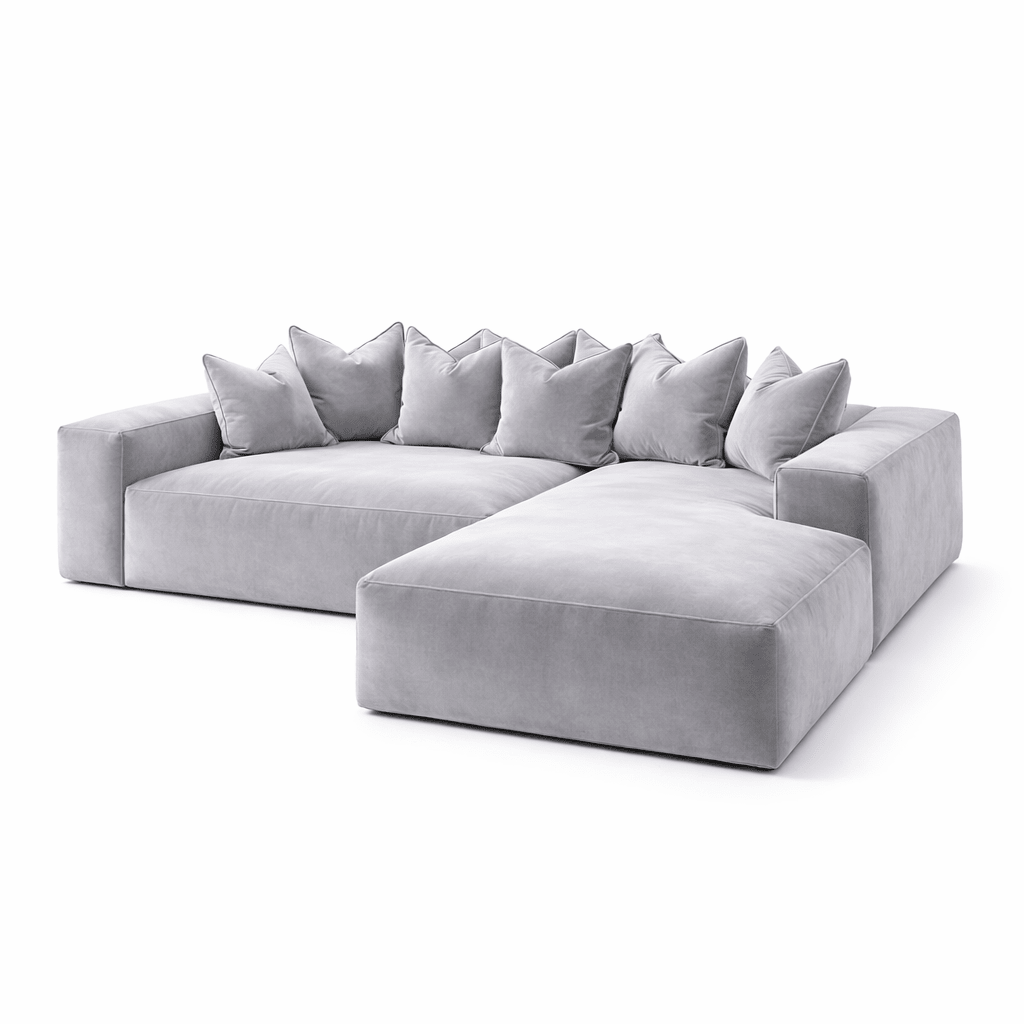 Large left-hand facing silver velvet sectional sofa with plush pillow back