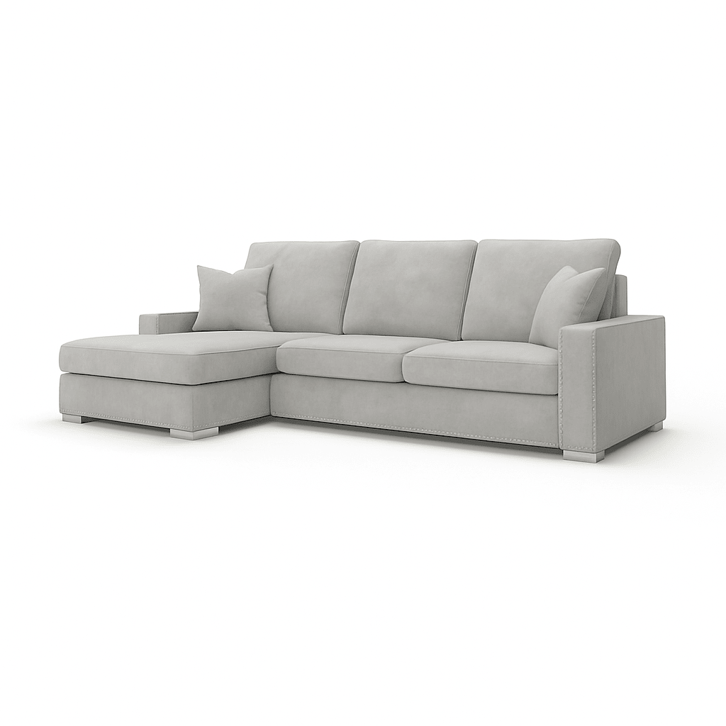 Left hand facing mink corner sofa with chaise, plush cushions and modern design