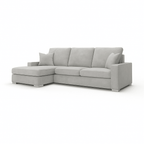 Left hand facing mink corner sofa with chaise, plush cushions and modern design