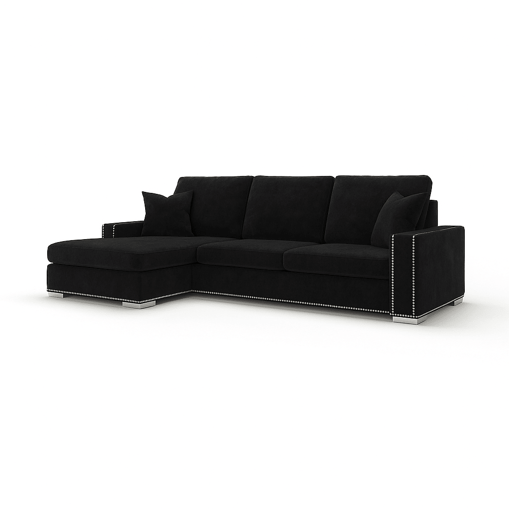 Mink velvet left hand facing corner sofa with metal stud accents and plush cushions
