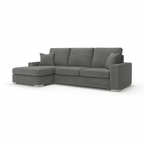 Mink left hand facing corner sofa with chaise, grey upholstery, stud detailing