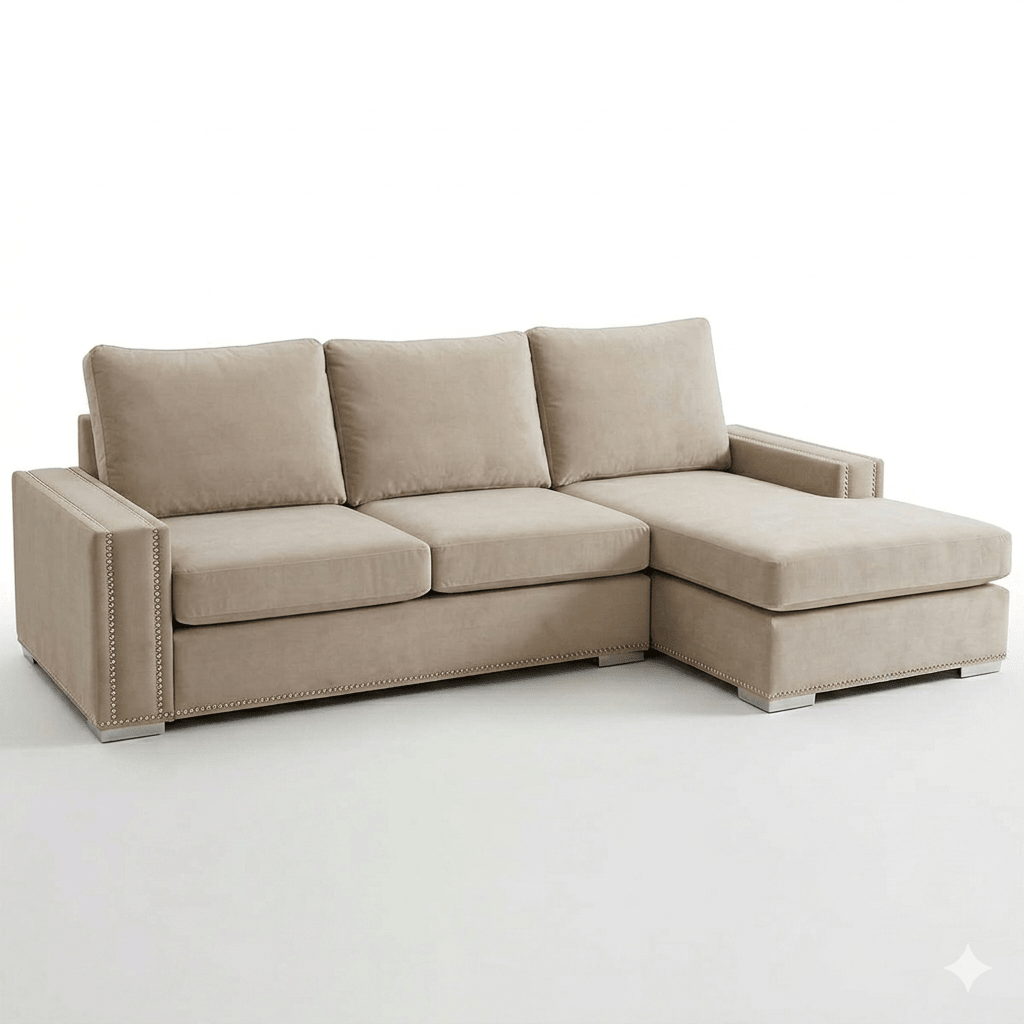 Mink left-hand facing corner sofa with chaise, three seat cushions, and studded trim