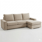Mink left-hand facing corner sofa with chaise, three seat cushions, and studded trim