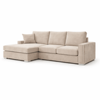 Mink left-hand corner sofa with chaise, three seat cushions and stud detailing.