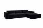 Black modular cinema sofa with wide arms and a matching removable footstool on white background
