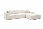 Ivory corner cinema sofa with wide armrests, two scatter cushions and a removable footstool