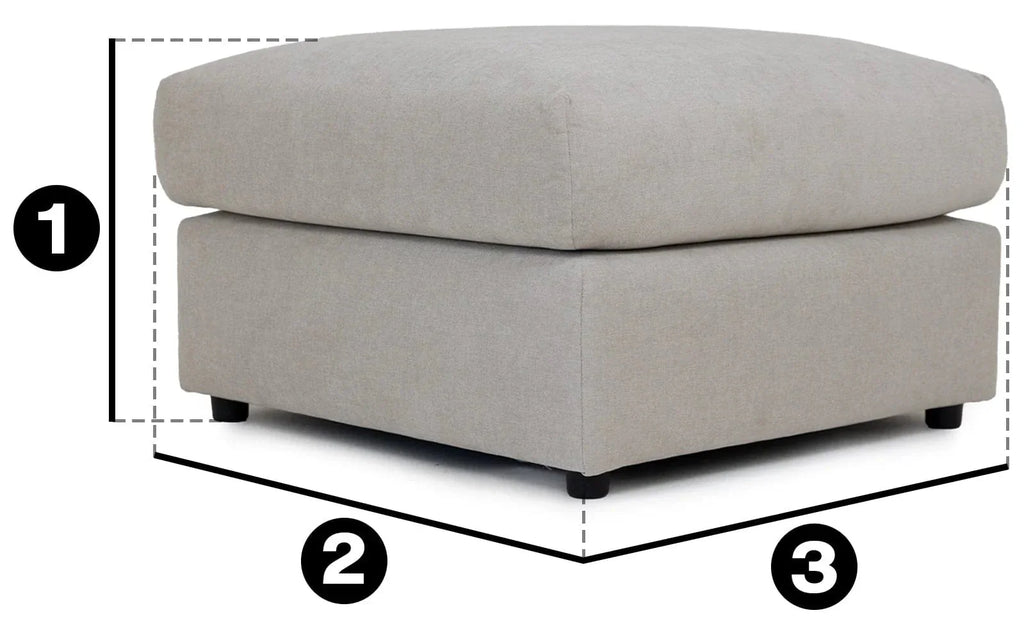 Cream fabric ottoman with black feet shown with measurement indicators for dimension reference.