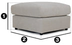 Cream fabric ottoman with black feet shown with measurement indicators for dimension reference.