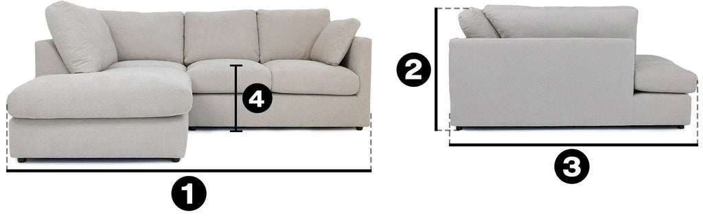 Cream right corner sofa with plush cushions, shown from front and side views with dimensions.