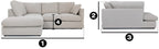 Cream right corner sofa with plush cushions, shown from front and side views with dimensions.