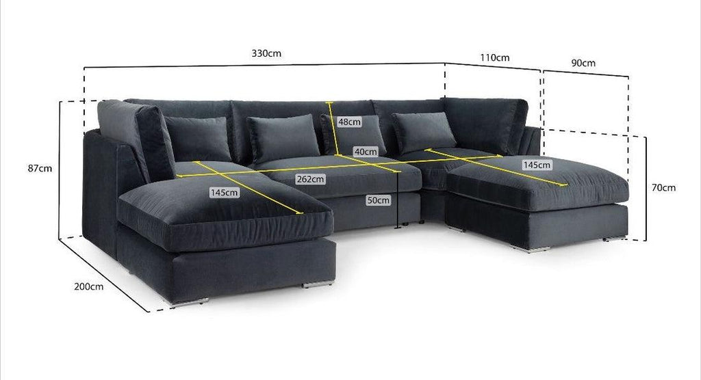 Silver U-shape sofa with full back, dark upholstery, and labeled measurements in centimeters.