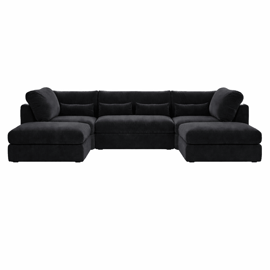 Large U-shaped silver sectional sofa with full back and plush cushions, modern living room seating