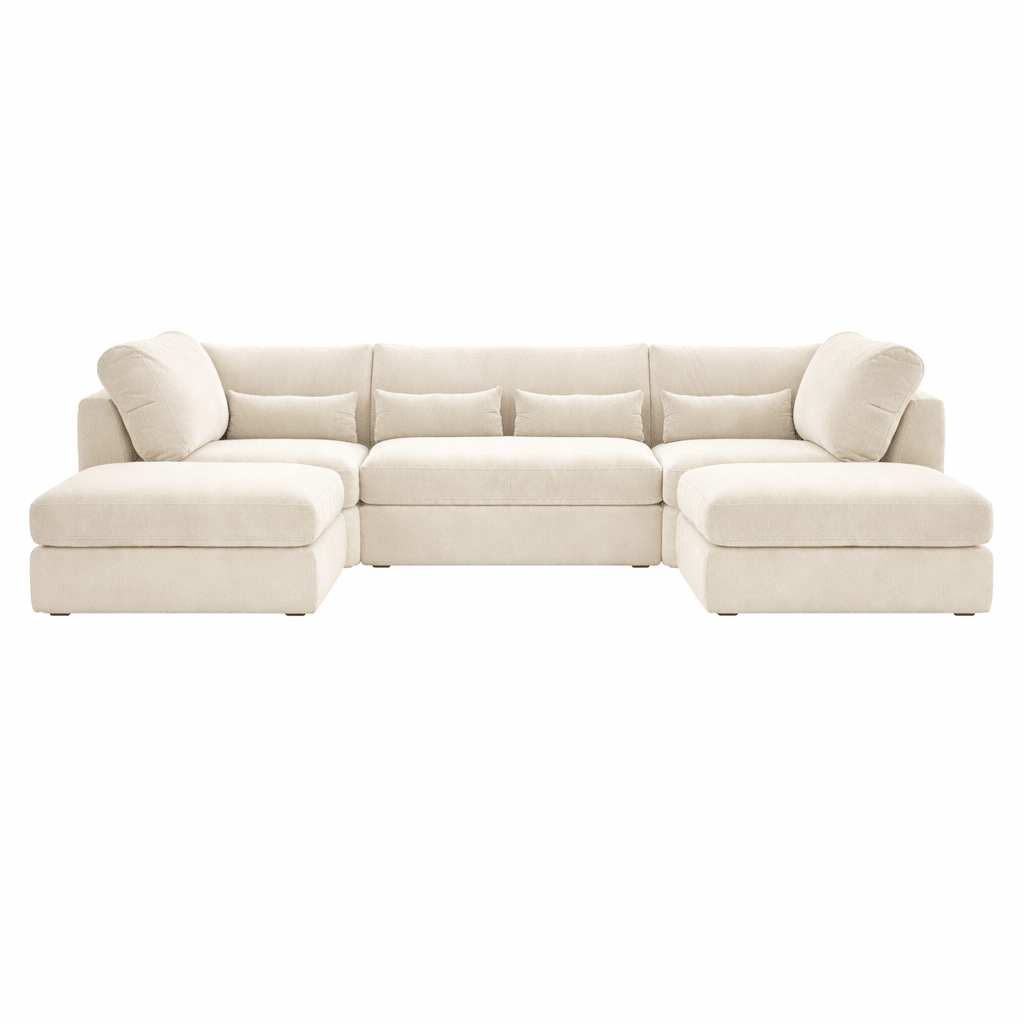 Large U-shaped cream sofa with full back and plush cushions, modern sectional seating