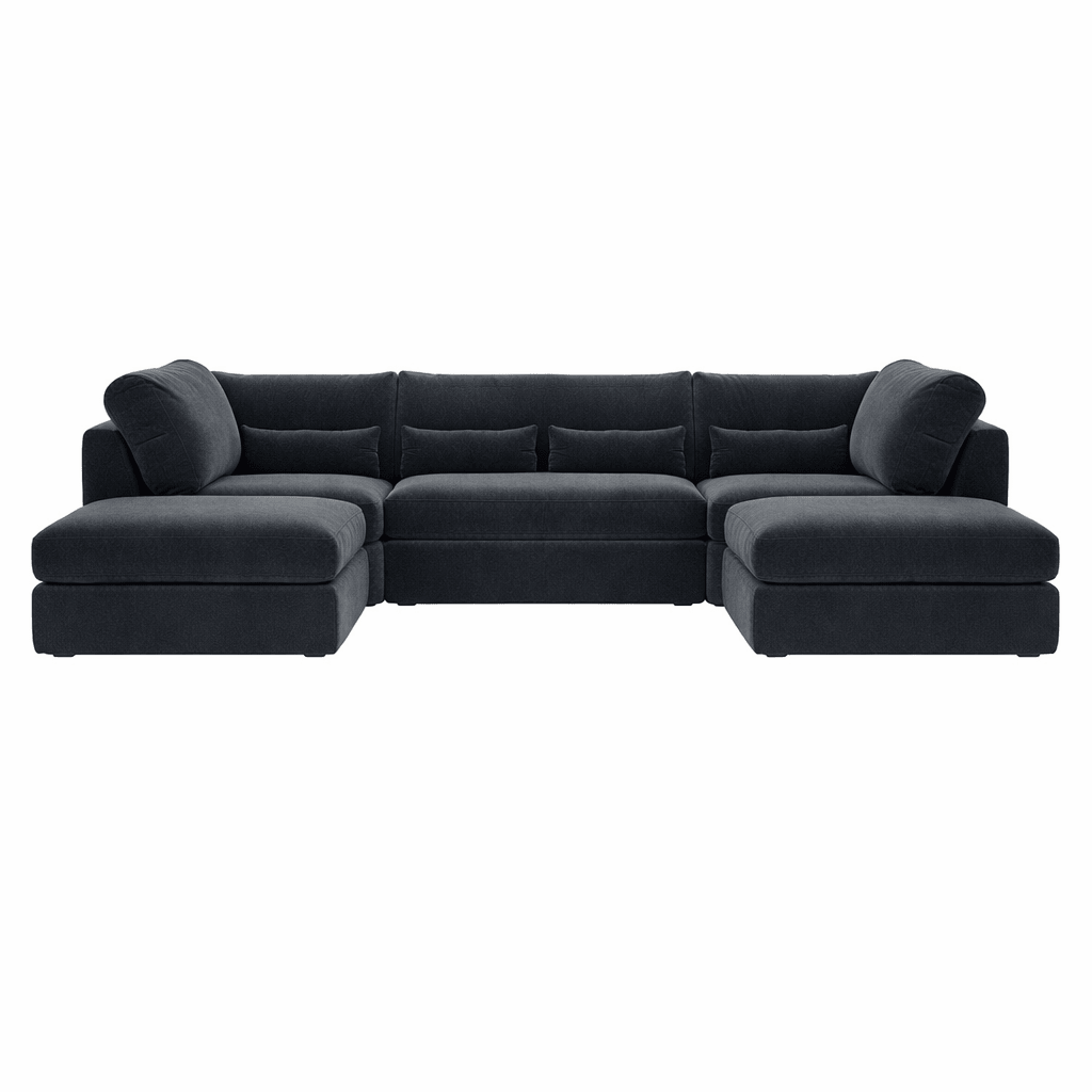Modern U-shaped silver full-back sectional sofa with plush cushions on white background