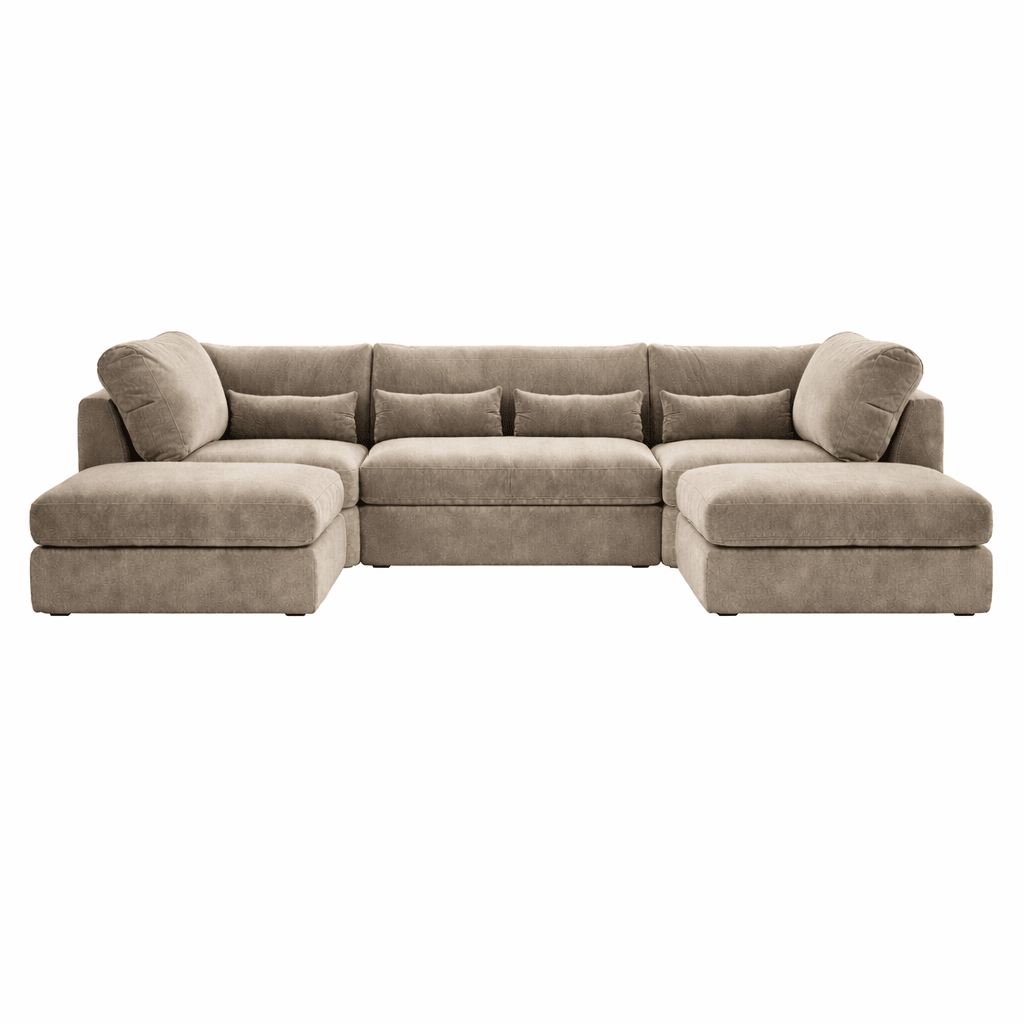 Large U-shaped silver sectional sofa with full back and plush cushions on white background