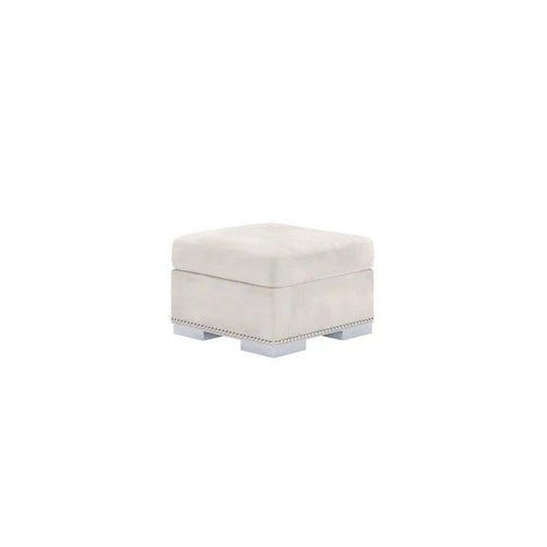 Square silver velvet footstool with studded trim and block feet on white background