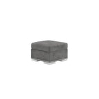 Square silver fabric footstool with chrome legs and studded trim on white background