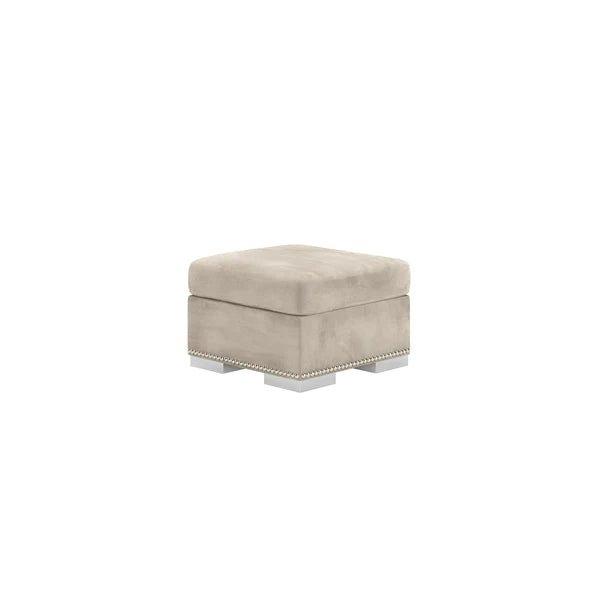 Silver velvet footstool with studded trim and block legs, modern living room furniture