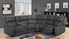 Large grey corner electric recliner sofa with cup holders and LED lighting in modern living room