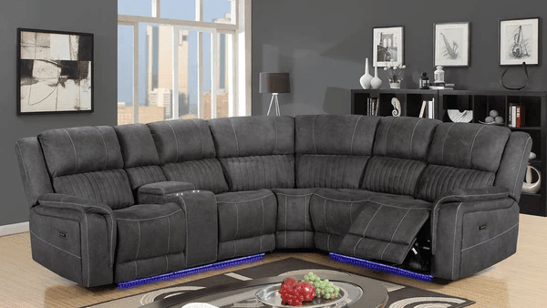 Large grey corner electric recliner sofa with cup holders and LED lighting in modern living room