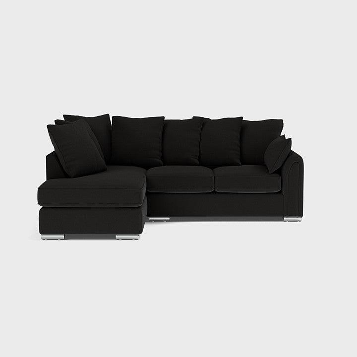 Modern dark truffle left-hand corner sofa with plush cushions on a white background