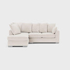 Modern truffle left-hand corner sofa with plush cushions and chrome legs on white background