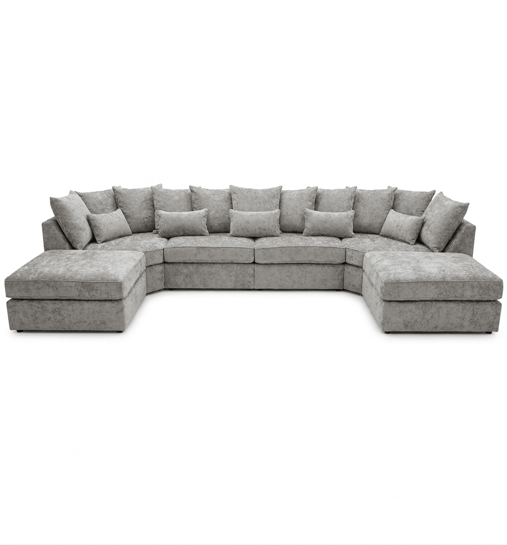 Large U-shaped grey corner sofa with plush cushions and chaise lounge ends on both sides