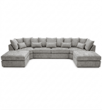 Large U-shaped grey corner sofa with plush cushions and chaise lounge ends on both sides
