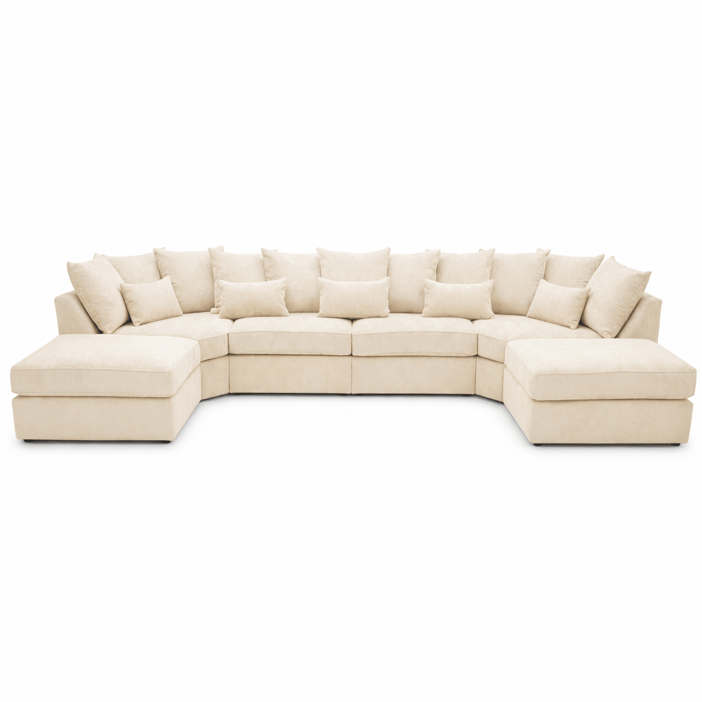 Large U-shaped beige sectional sofa with plush cushions and chaise ends