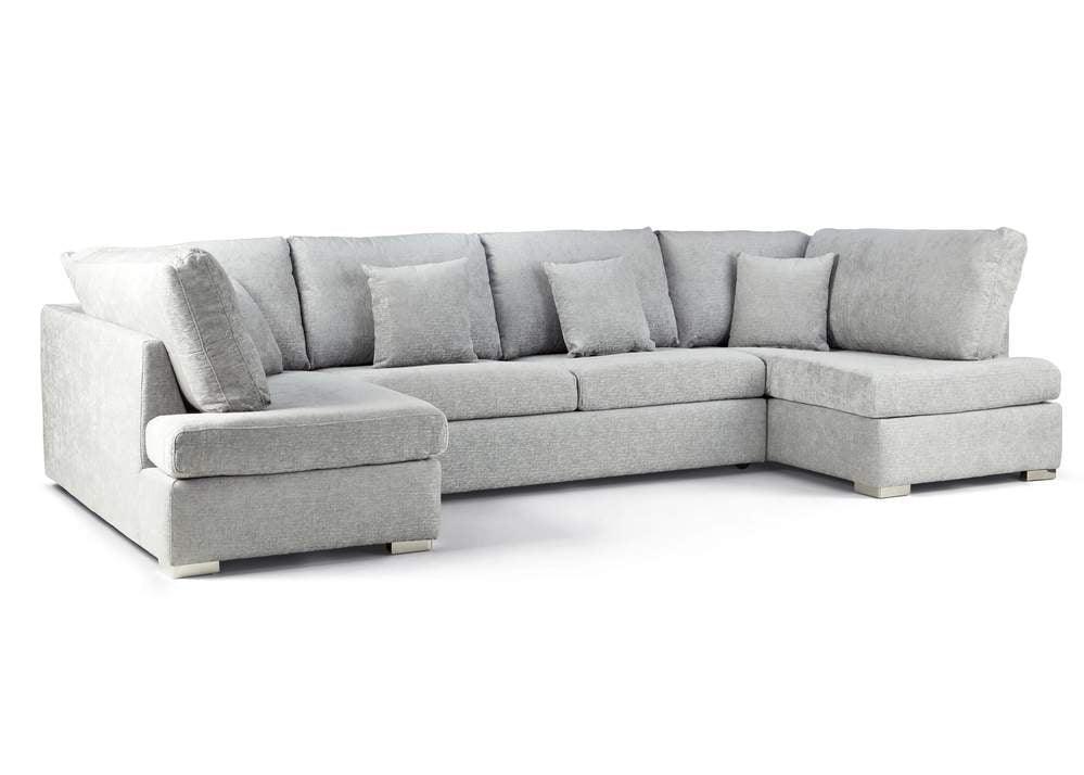 Modern grey U-shaped sectional sofa with plush cushions and chaise lounge