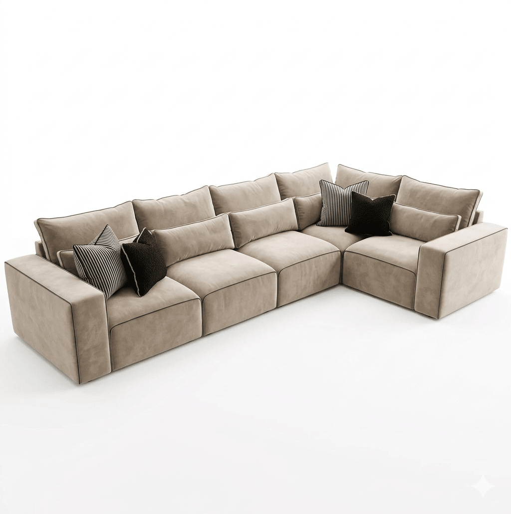 Five-piece beige modular corner sofa with black and striped accent pillows