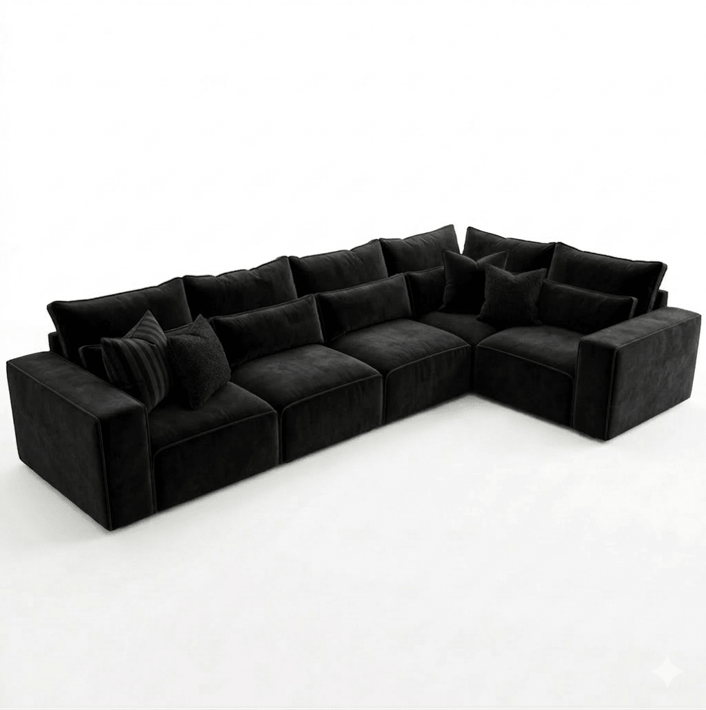 Modern black 5-piece modular corner sofa with plush cushions and sectional design