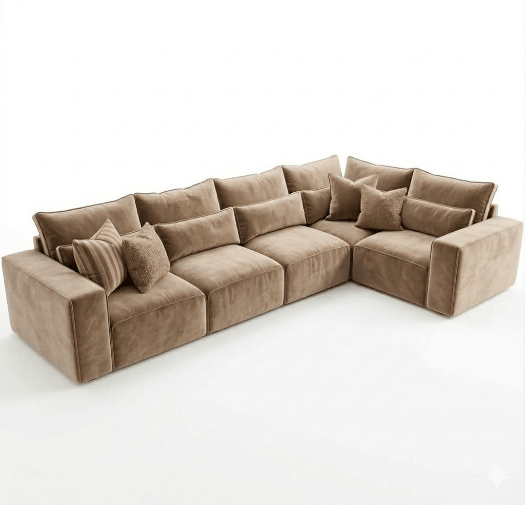 Five-piece tan modular corner sofa with plush cushions and pillows on white background