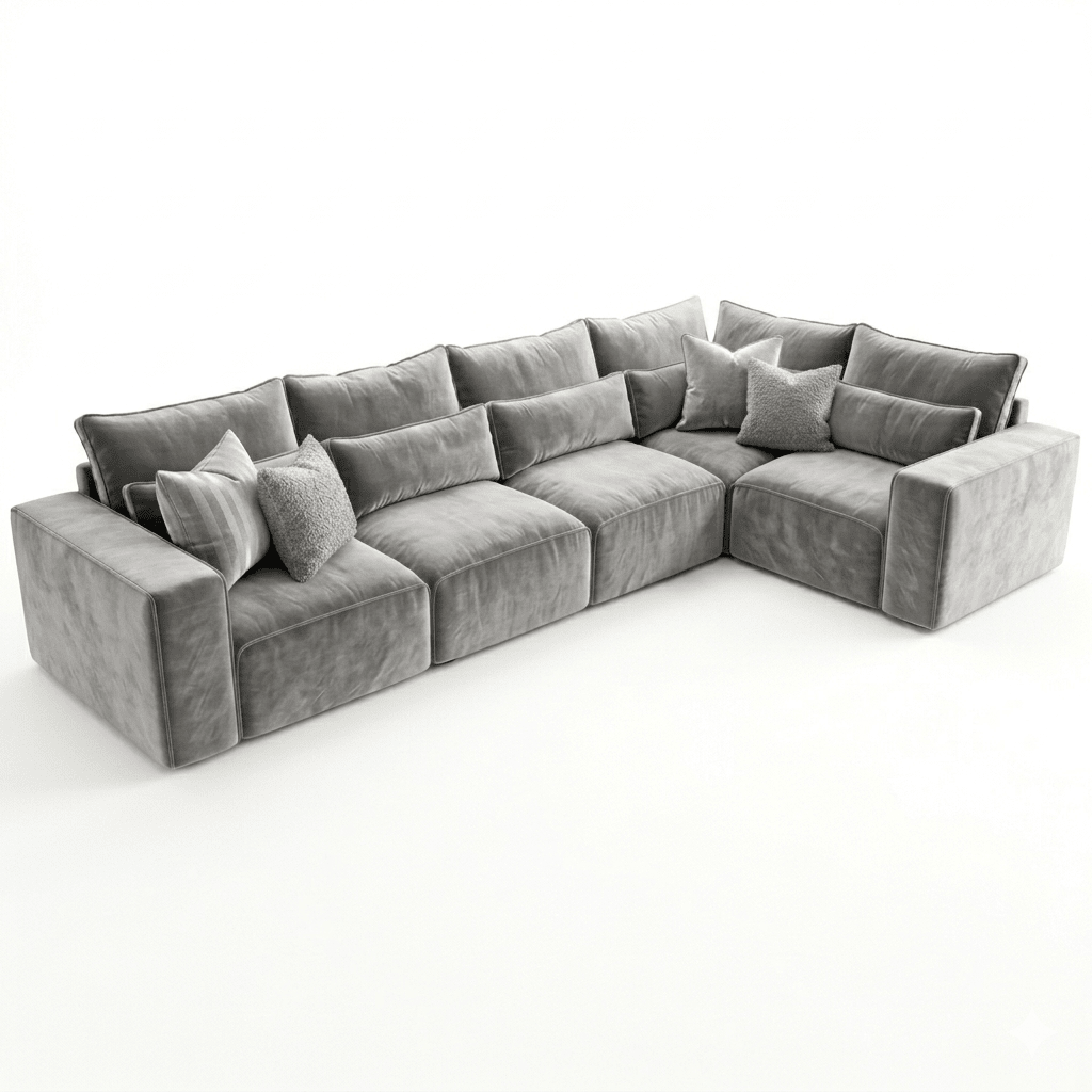 Five-piece modular corner sofa in light grey fabric with plush cushions on white background