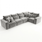 Five-piece modular corner sofa in light grey fabric with plush cushions on white background