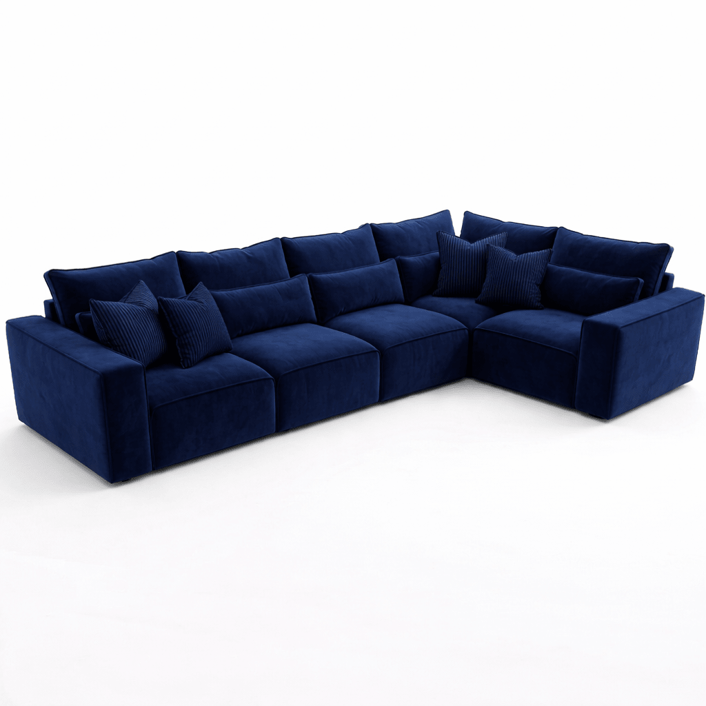 Modern navy blue modular corner sofa with plush cushions and clean lines on a white background.