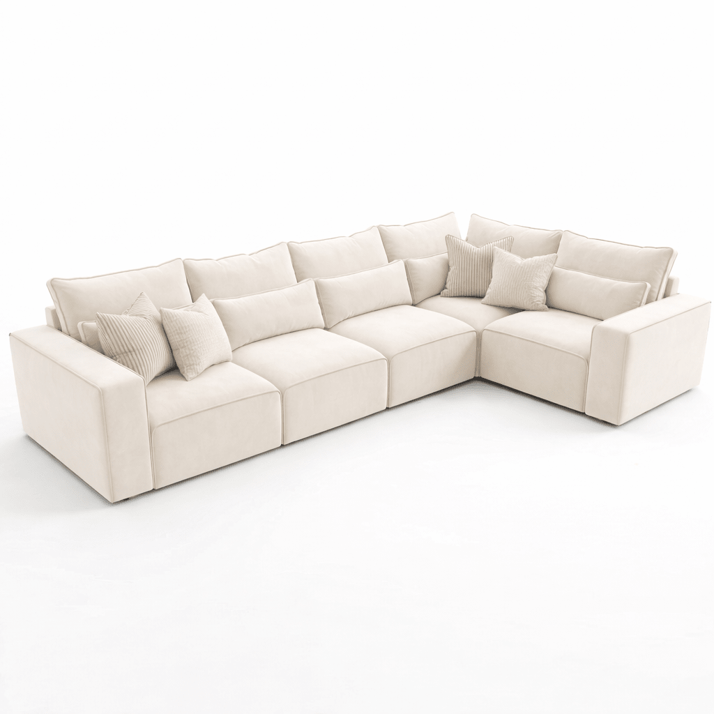White modular corner sofa with plush cushions and pillows, five-piece sectional design