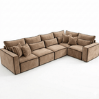 Five-piece modular corner sofa in beige suede with plush cushions and modern design